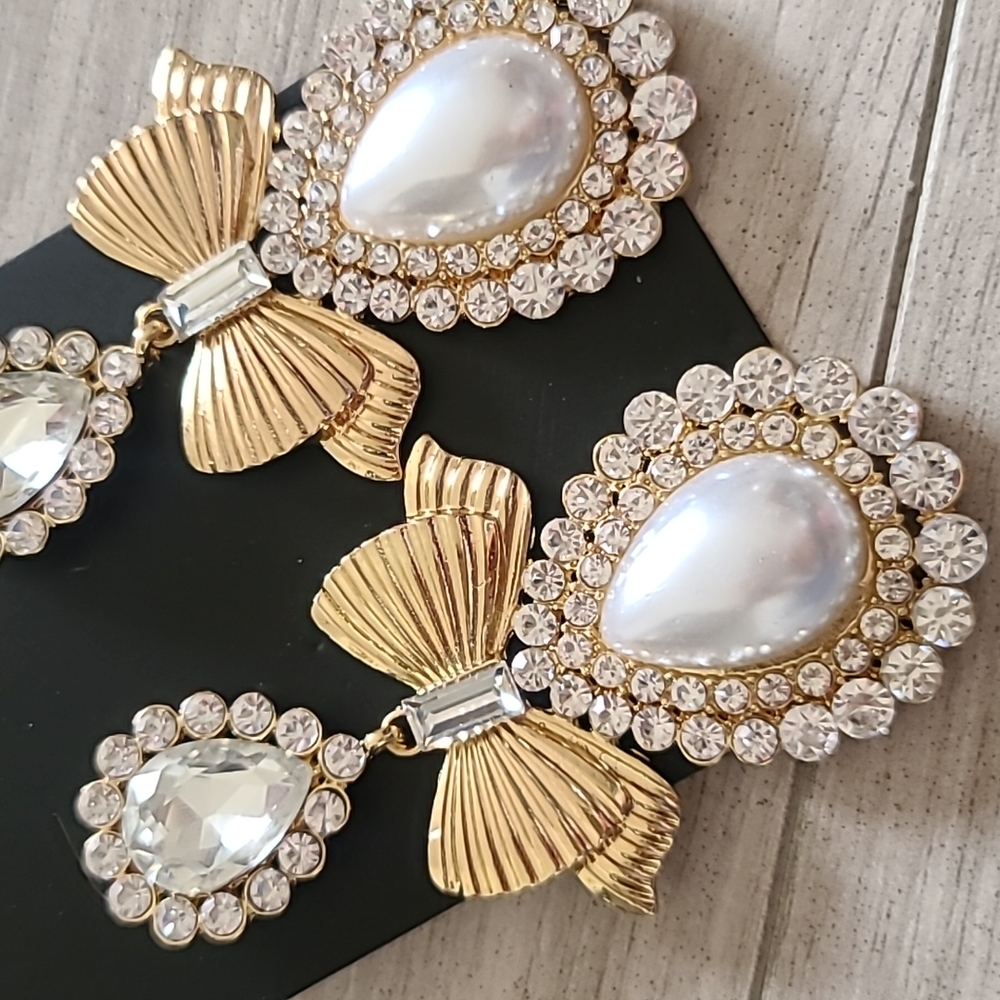 Oversized Sparkly Pearl + Bow Earrings